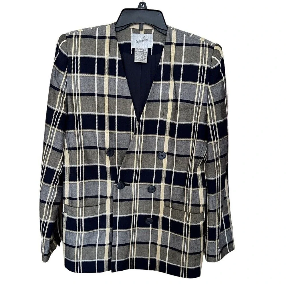 Jacquline ferrar Vintage 1980’s Rayon Navy/gray plaid Blazer jacket women’s Sz 6 - Picture 3 of 15